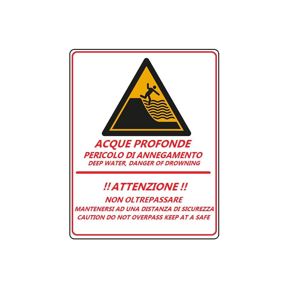 Cartello in alluminio 50X35cm speciale triangolo giallo di pericolo con  pittogramma testo personalizzato ACQUE PROFONDE